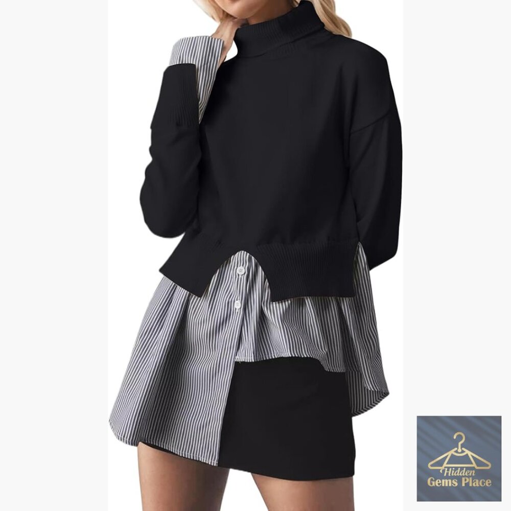 Patchwork Turtleneck Sweater With Asymmetrical He… - image 1